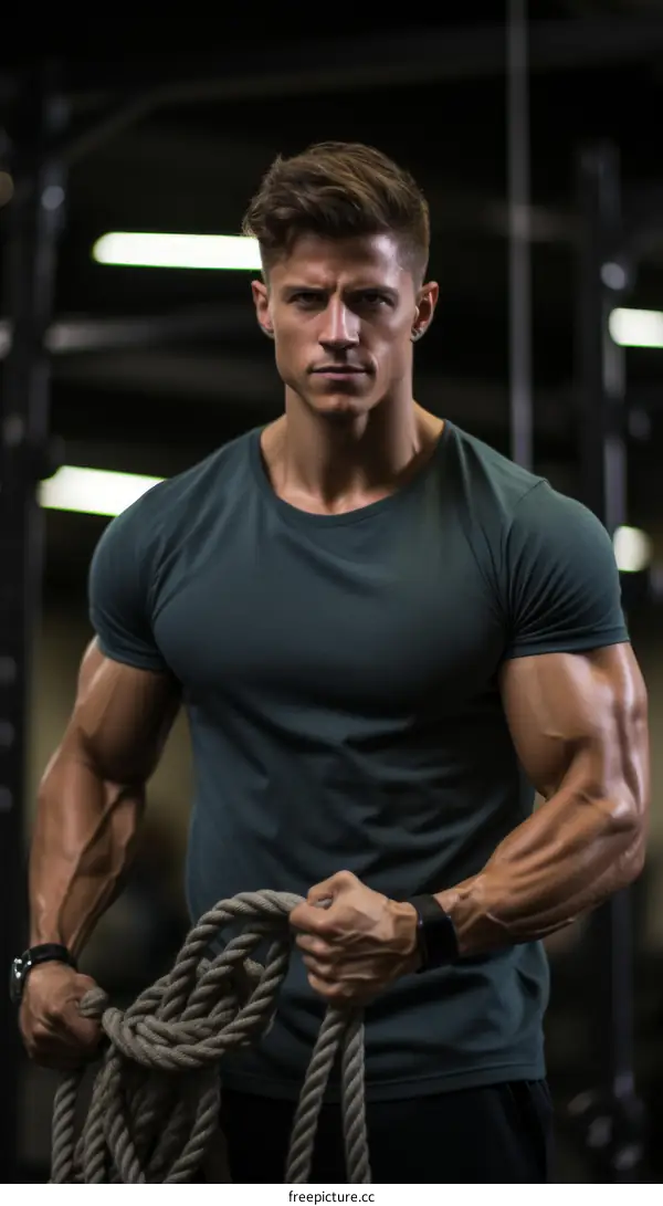 muscular man holding rope in gym