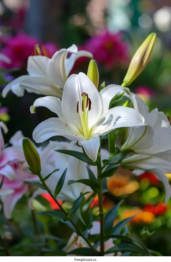Close Up White Lily Flower with Green Leaves