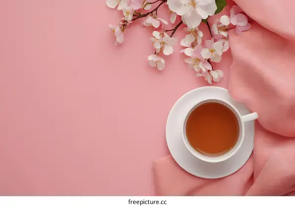 A Cup Of Tea With Pink Flowers On A Pink Background