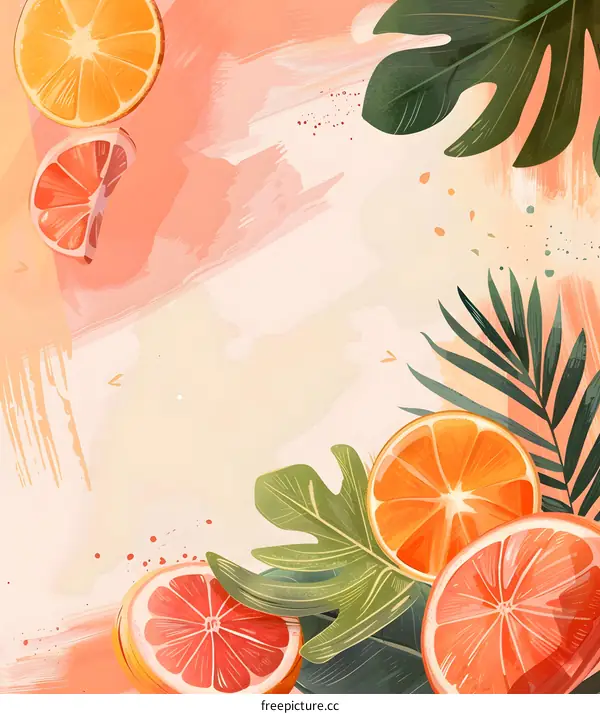 Tropical Fruits and Leaves Watercolor Background