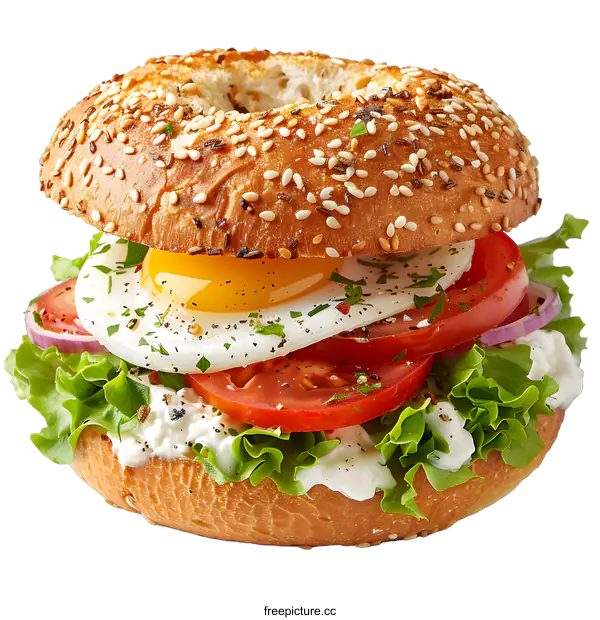 [Transparent Background PNG]Delicious bagel with fried egg and vegetables