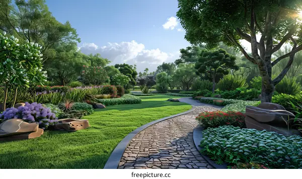 Stone Path Through Lush Garden