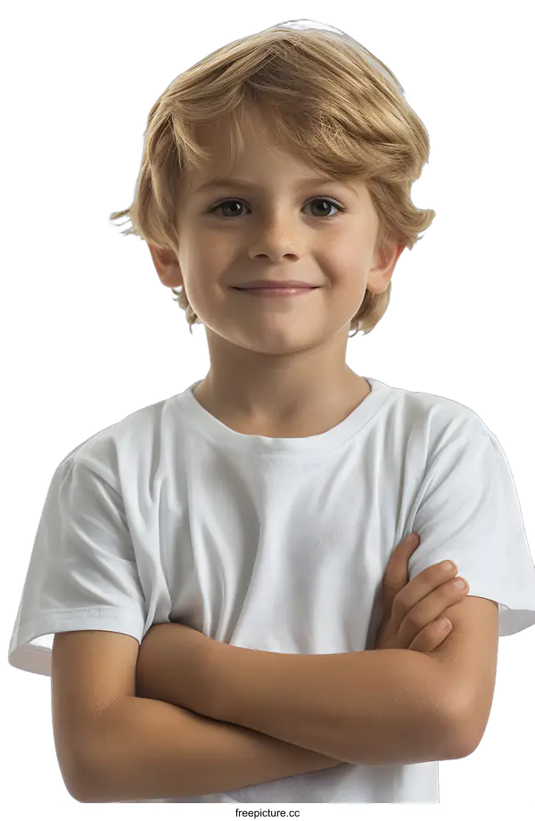[Transparent Background PNG]Portrait of a happy smiling blond boy in a white t-shirt with his arms crossed