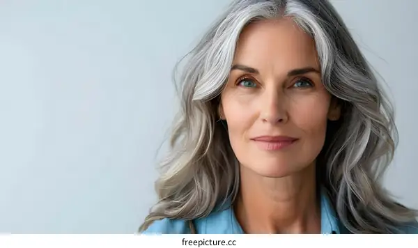 portrait of a beautiful middle aged woman with gray hair