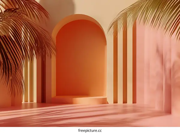 Minimalist 3D Rendered  Archway With Palm Leaves Shadows