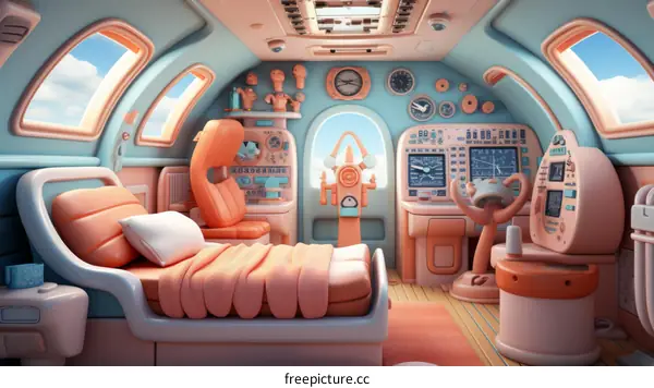 A bedroom designed to look like the cockpit of an airplane