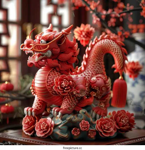 Red Dragon Statue with Peony Flowers: Chinese Symbol of Prosperity