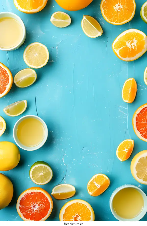 Fresh Citrus Fruit with Juice on Blue Background