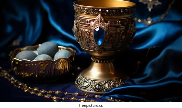 ornate golden chalice and decorated eggs on blue silk