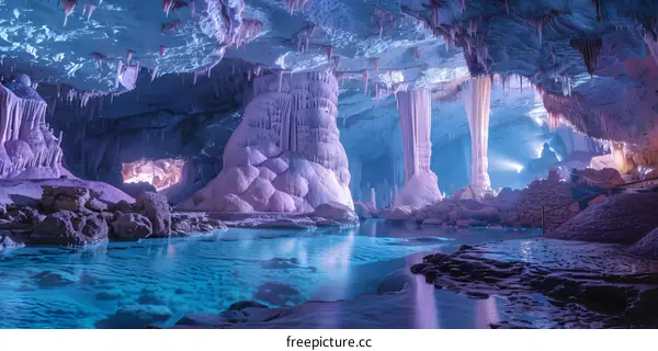 Magical Cave with Turquoise Water and Stalactites
