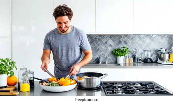 Man Cooking Healthy Meal in Modern Kitchen