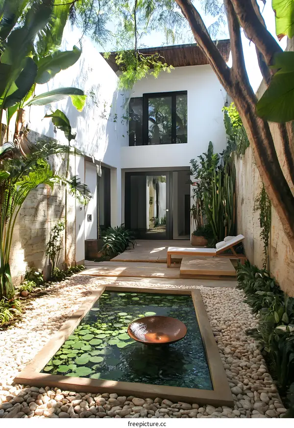 Modern Courtyard with Pond and Lush Greenery