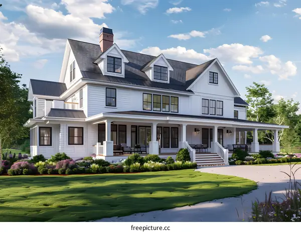 White Farmhouse with Wrap Around Porch and Front Yard