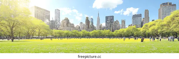 New York City Park Skyline View with People