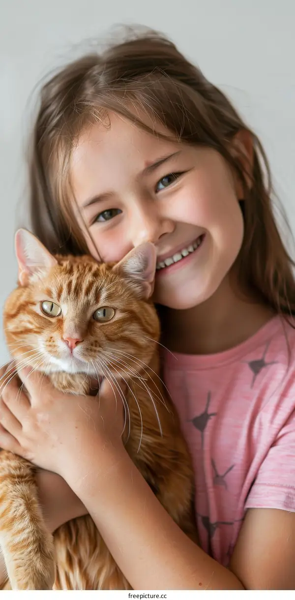 Little girl hugging an orange cat