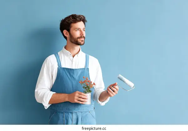 Man in Apron Painting a Wall