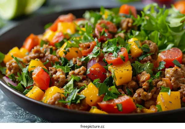 minced meat with mango, tomato and parsley