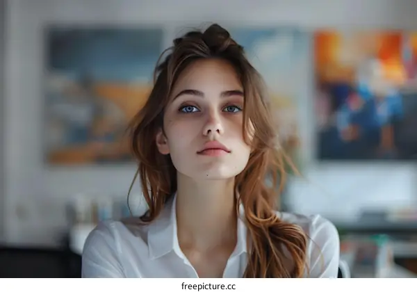 portrait of a beautiful young woman with long brown hair and blue eyes wearing a white shirt