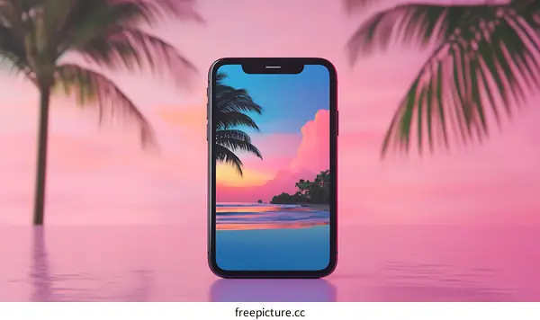 Smartphone with Tropical Beach Sunset Wallpaper