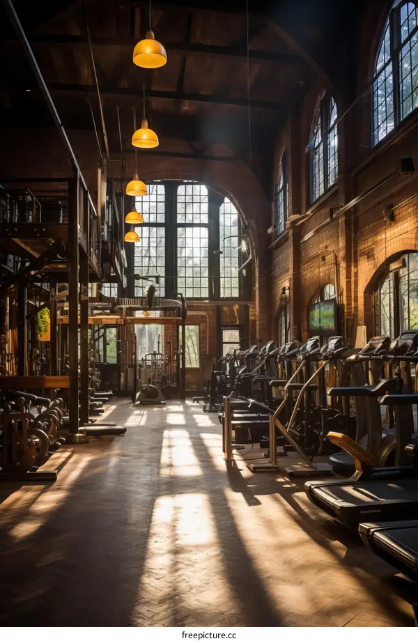 Vintage industrial style empty fitness center with brick walls and large windows