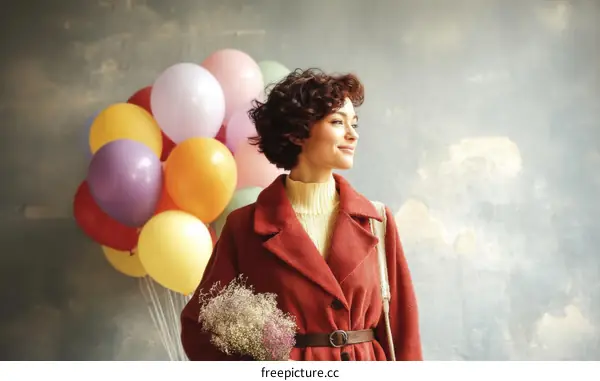 Woman with Colorful Balloons in a Red Coat