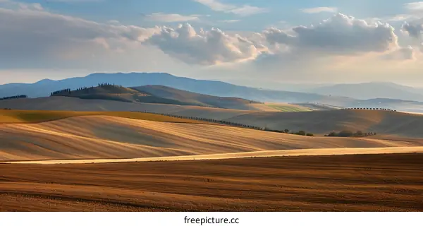 Rolling Hills and Golden Fields Under a Cloudy Sky