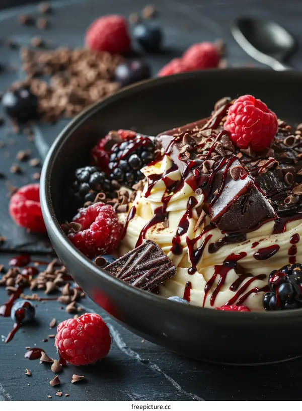 A bowl of chocolate ice cream with raspberries and blackberries
