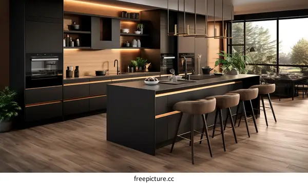 Black kitchen island with wood accents and stainless steel appliances