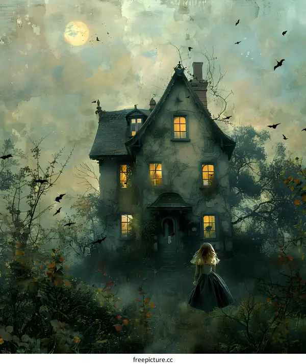 girl in front of a haunted house