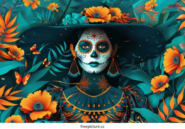 Calavera Catrina Illustration with Traditional Mexican Floral Elements