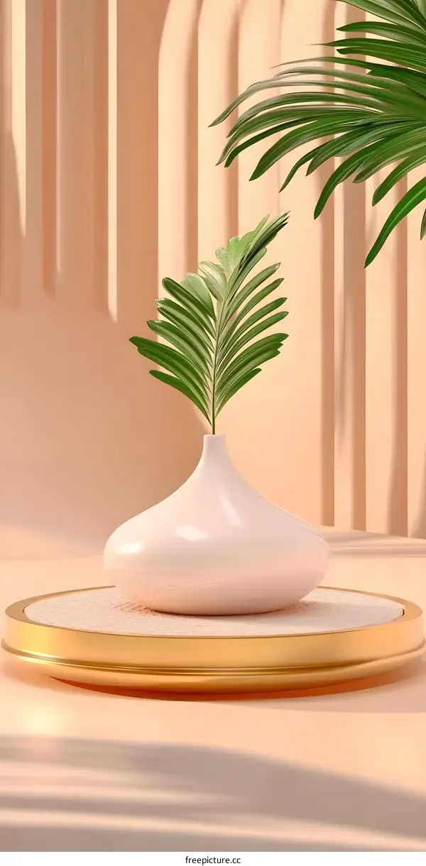 Simple Minimalist White Vase with Green Leaves on a Gold Tray