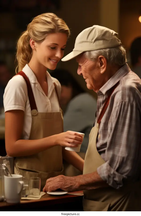 A waitress attentively serving an elderly man a cup of coffee