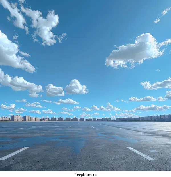 Asphalt Road Leading to City Skyline Under Blue Sky
