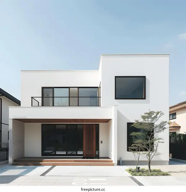 Modern Minimalist White House Exterior with Wooden Accents