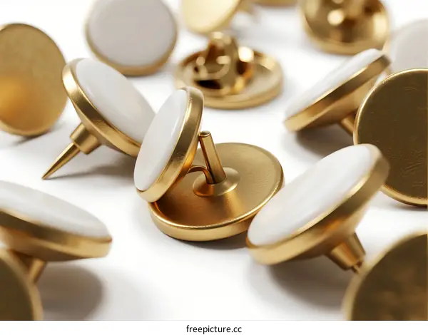 Close-up of golden push pins with white heads on white background