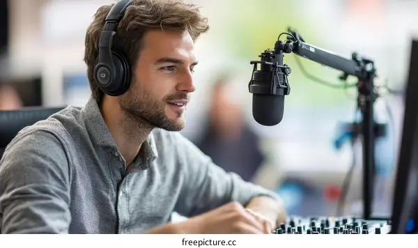 Podcast Host Recording Audio in Studio