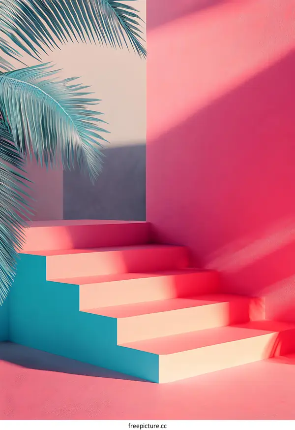 Pink and Blue Minimalist Stairs with Palm Leaf