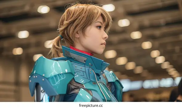 Portrait of a young woman in a blue and gray armored bodysuit