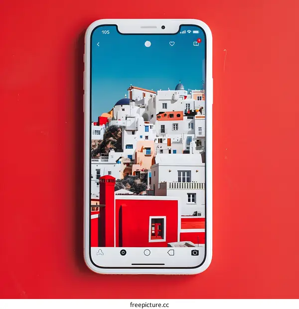 Smartphone Screen Displaying a Photo of White Houses in Santorini Greece