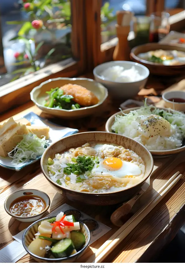 A delicious Japanese meal with rice, soup, and side dishes
