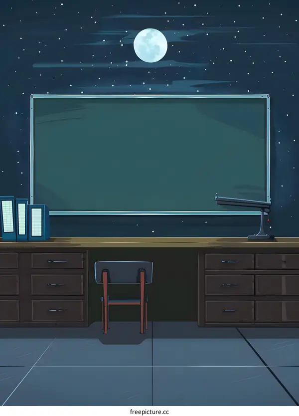 Nighttime Classroom with Empty Chalkboard, Desk, and Chair