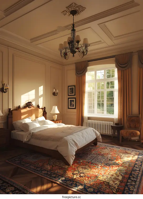 Luxury Bedroom with Large Windows and Ornate Chandelier