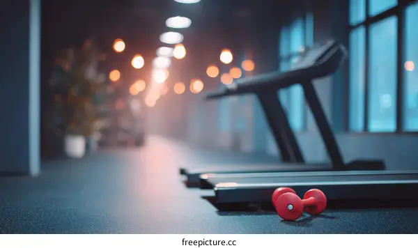 Modern Fitness Center Interior with Treadmills and Dumbbells