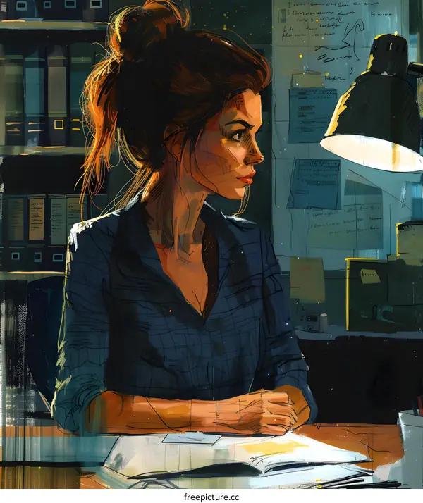 A thoughtful woman sits at her desk surrounded by case files.
