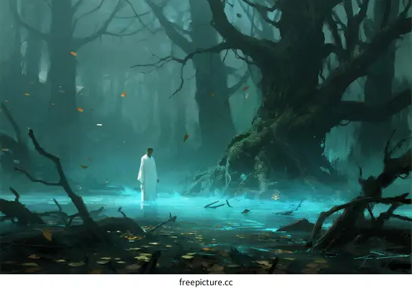A lone figure in a misty forest with glowing blue water