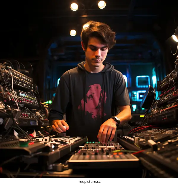 A young male electronic musician is shown at a mixing console with a pensive expression.