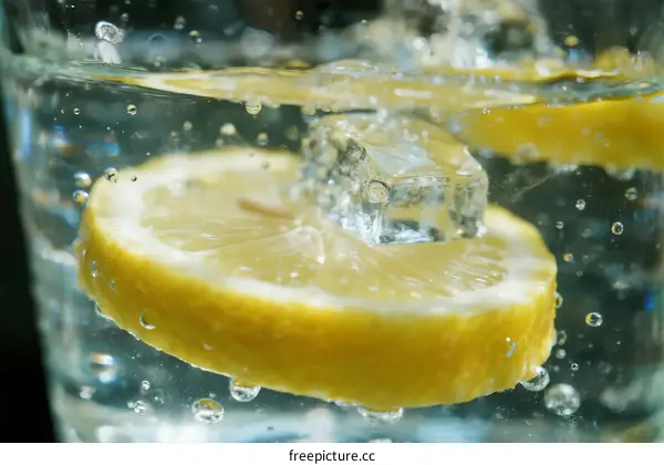 Lemon slice floating in sparkling water with bubbles and splashes