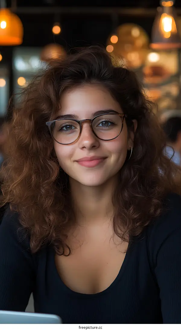 Smiling Woman with Curly Hair and Glasses