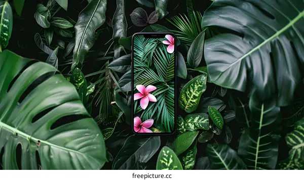 Green Leaves Background With Phone