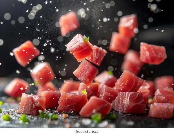 Raw tuna cubes falling with water drops